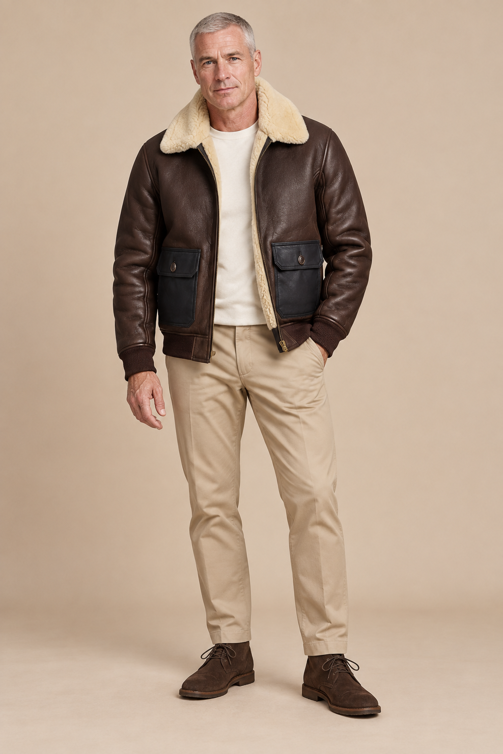 Men’s Genuine Sheepskin Shearling Moto Jacket with Turn-Down Collar