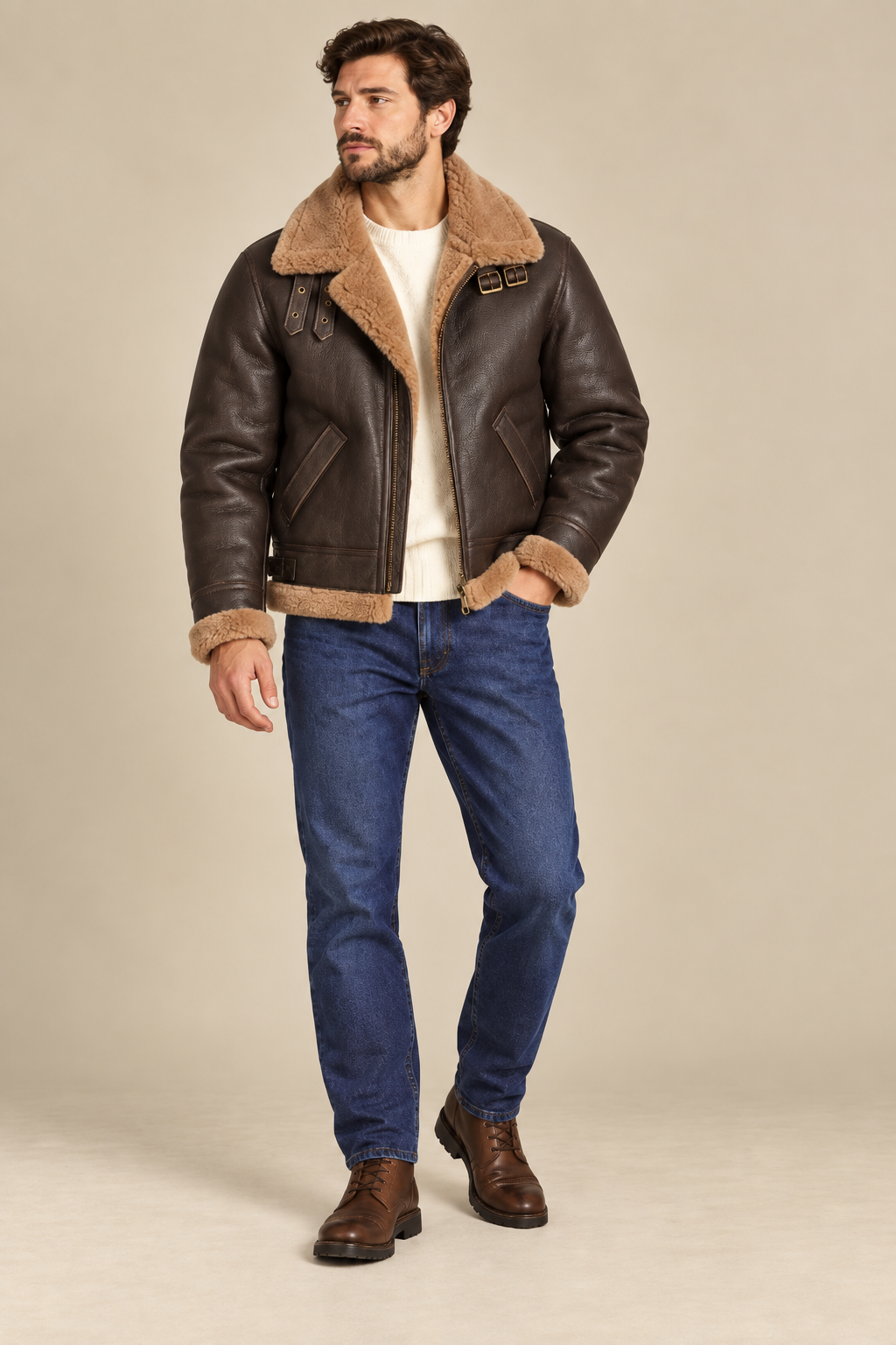 Men’s Genuine Sheepskin Shearling Moto Jacket with Wool Lining