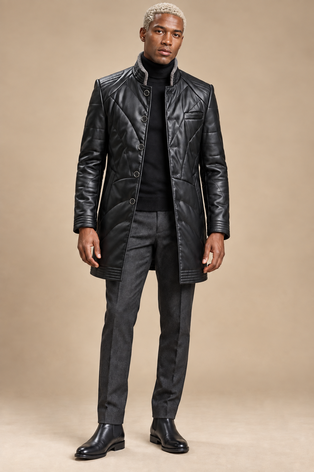 Men’s Genuine Sheepskin Leather Quilted Longline Coat