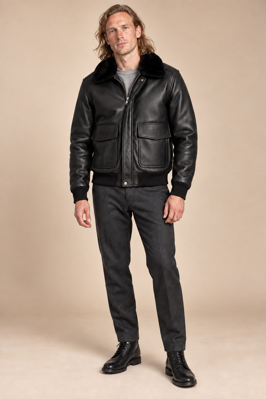 Men’s Genuine Cowhide Leather Aviator Jacket with Fur Collar