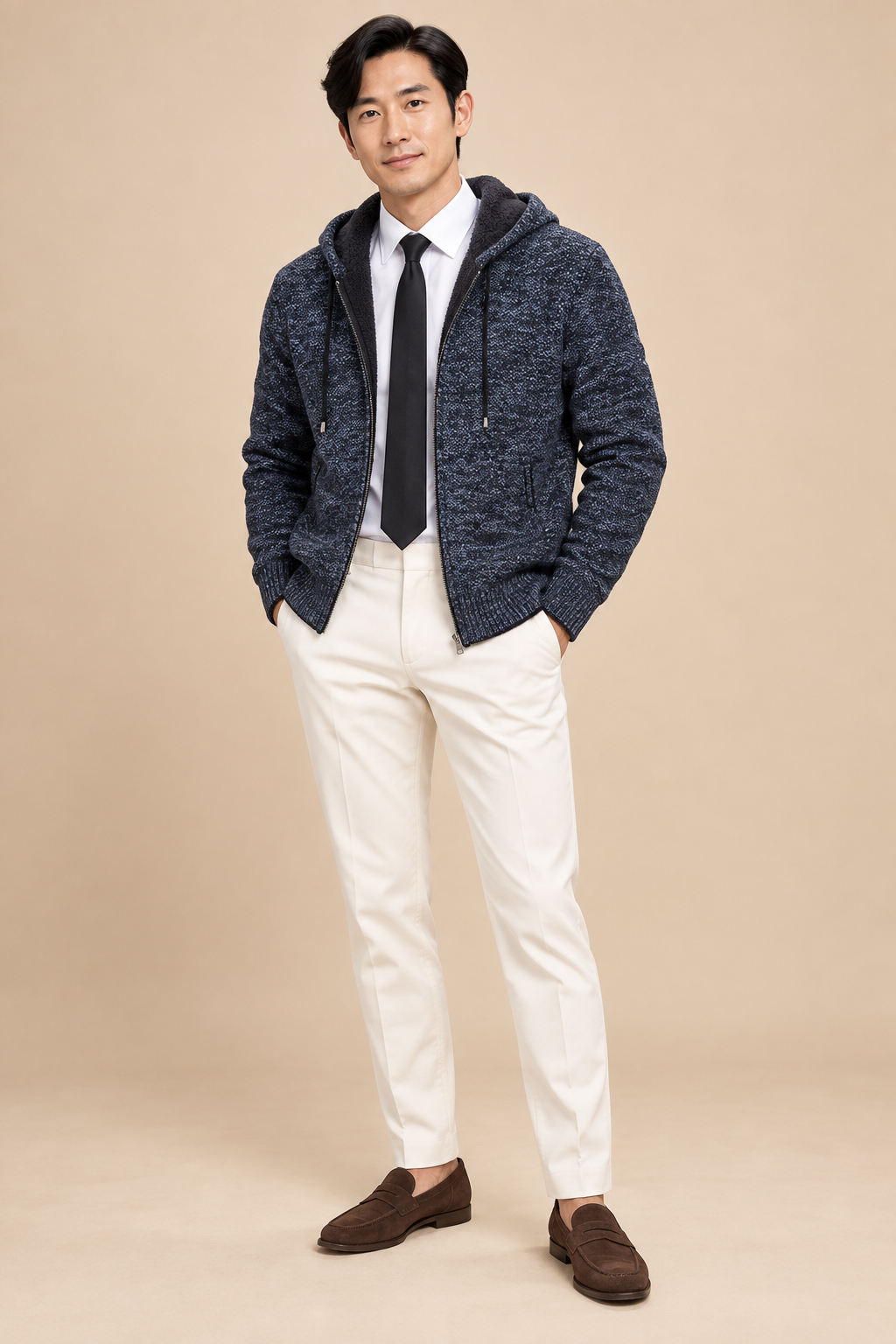 Men’s Hooded Knit Zip-Up Cardigan with Front Pockets