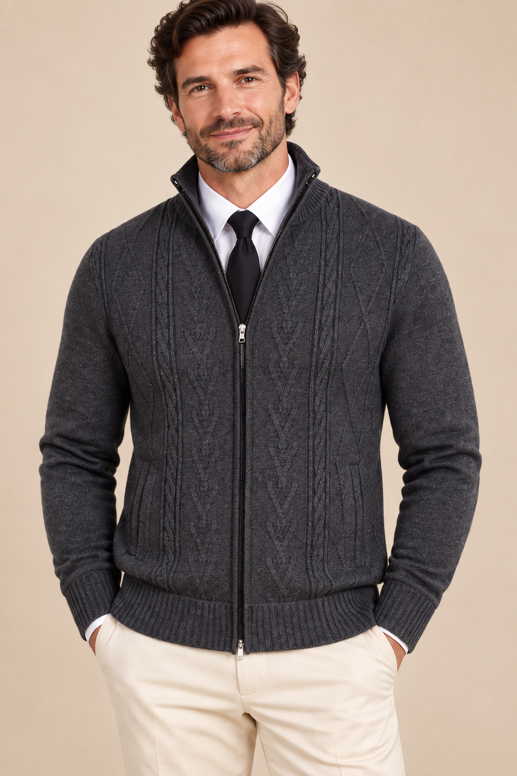 Men’s Cable Knit Zip-Up Cardigan with Stand Collar