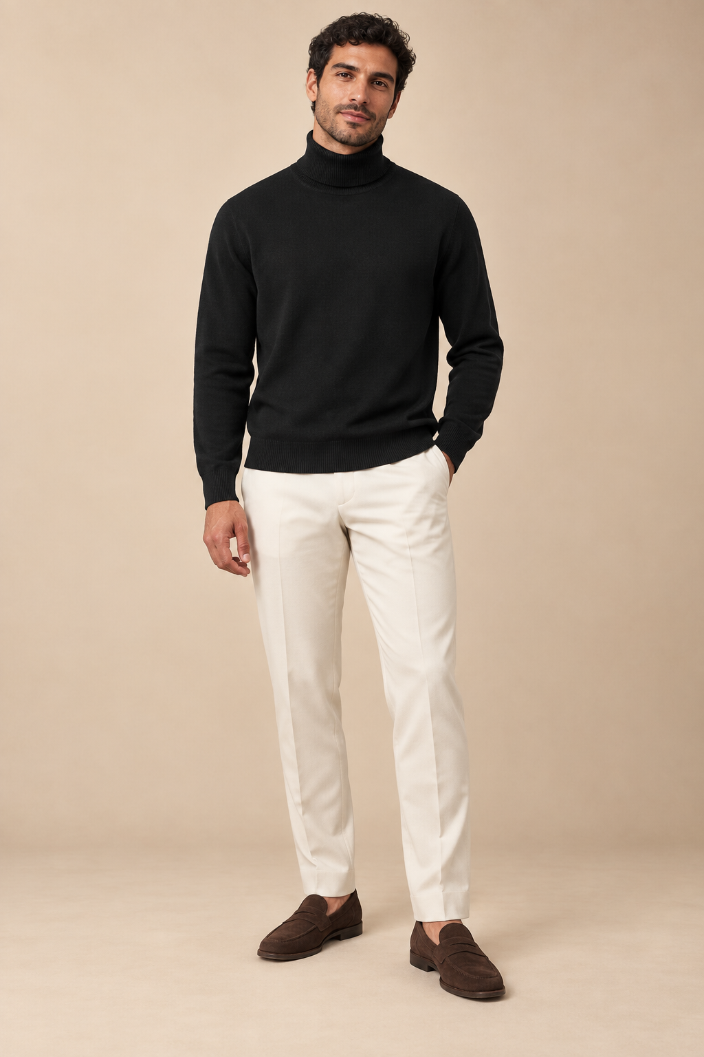 Men’s Fine Knit Roll-Neck Jumper with Long Sleeves