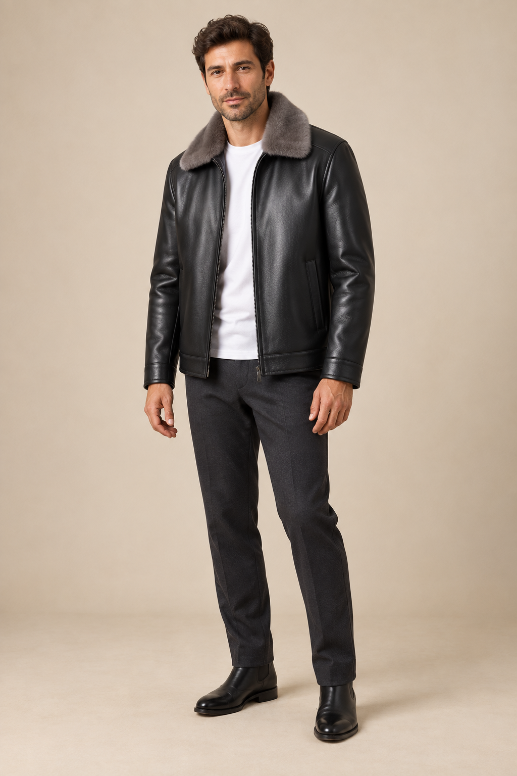 Men’s Genuine Sheepskin Leather Down Jacket with Mink Fur Collar