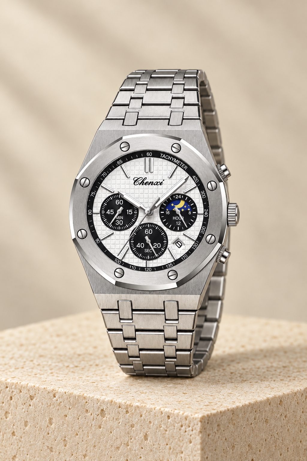 Men’s Stainless Steel Chronograph Watch with Integrated Bracelet