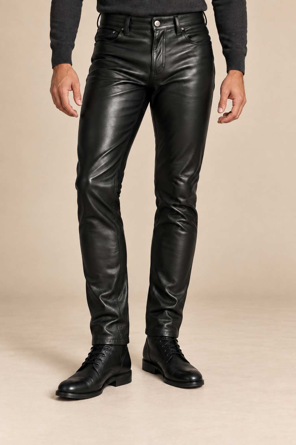 Men’s Slim-Fit Faux-Leather Trousers with Mid-Rise Waist