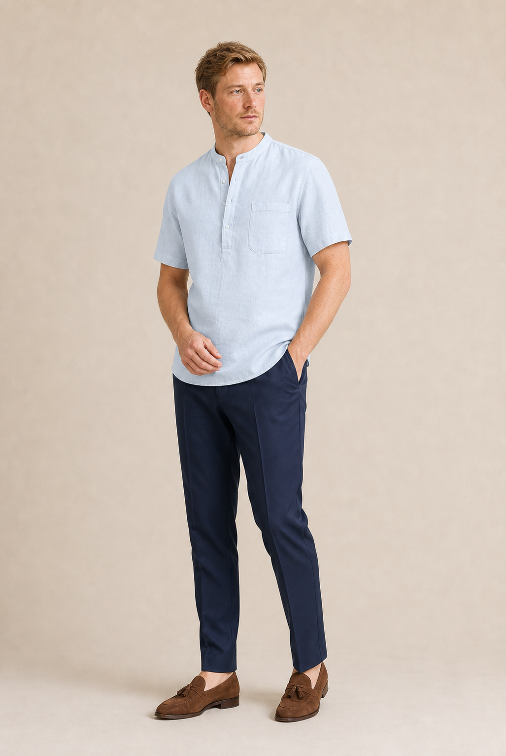 Men's Grandad Collar Shirt with Short Sleeves