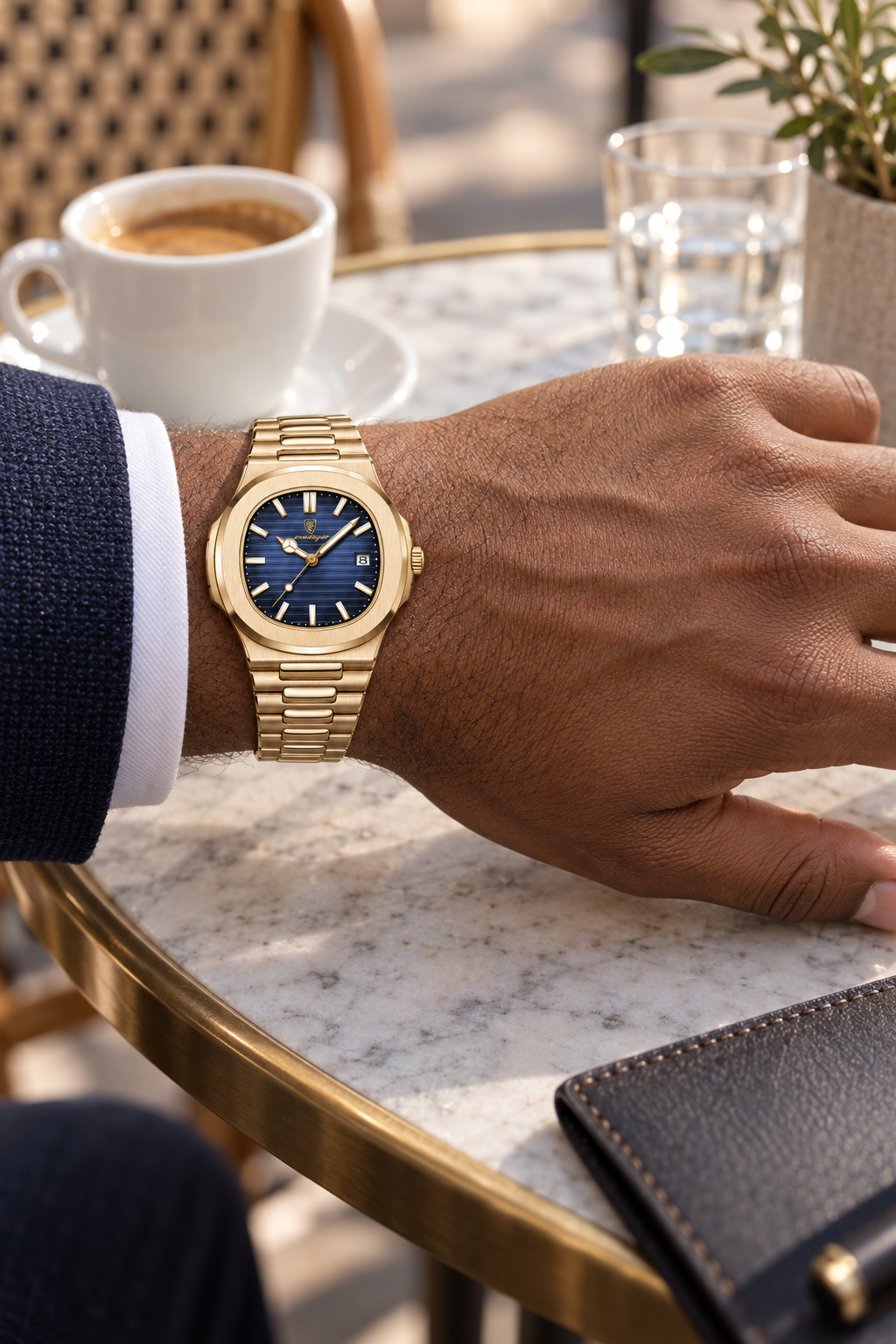 Men’s Gold-Tone Quartz Watch with Textured Dial and Integrated Bracelet