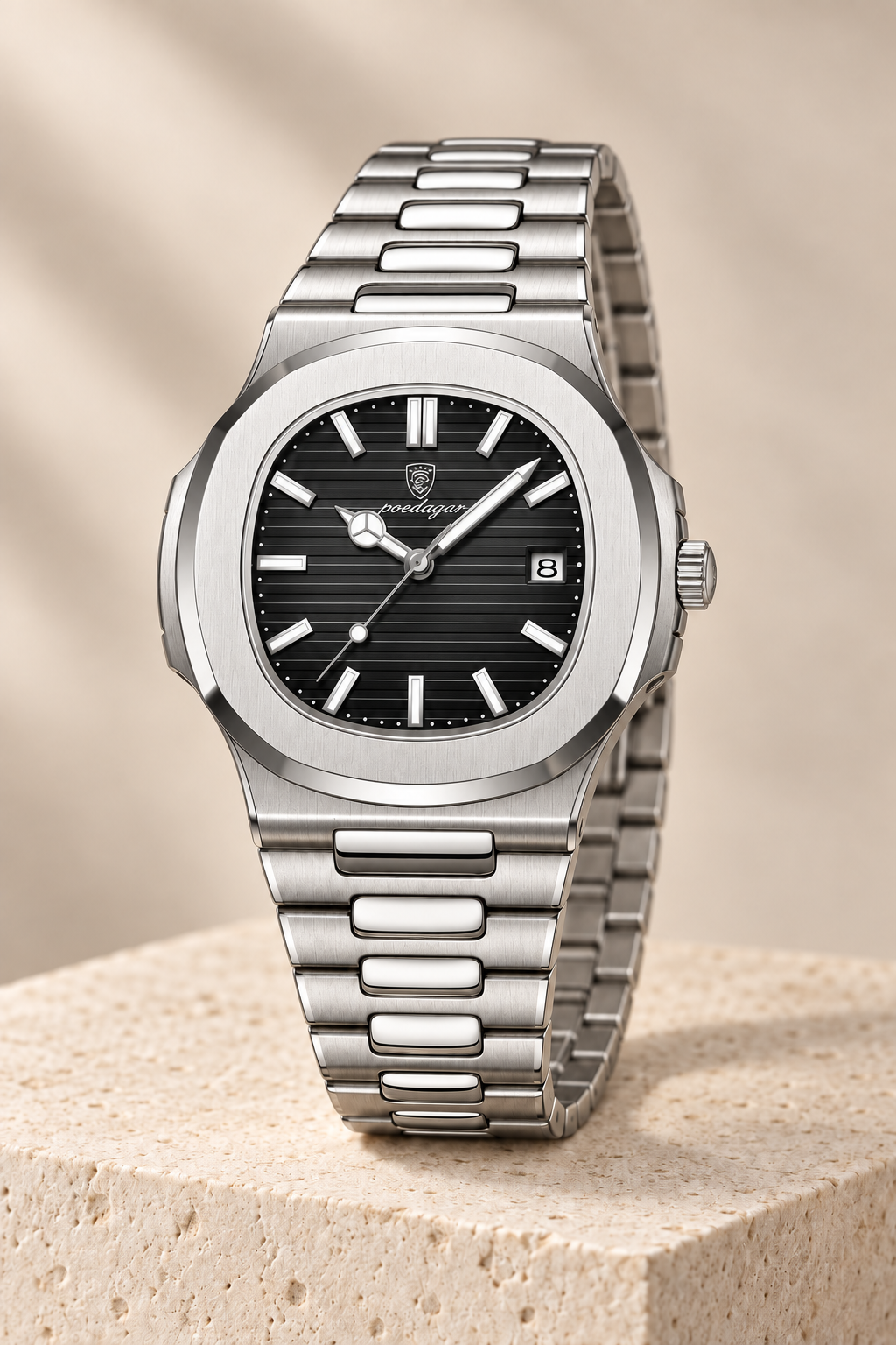 Men’s Stainless Steel Quartz Watch with Black Textured Dial
