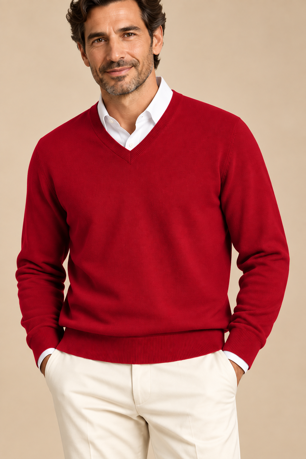 Men’s Fine Knit V-Neck Jumper with Long Sleeves