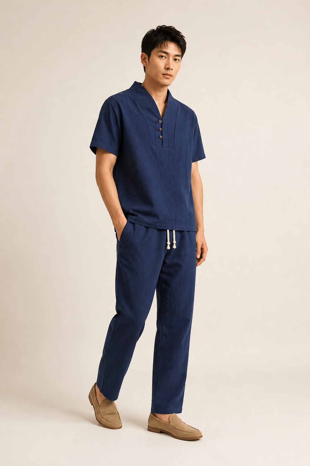 Men's Co-ord Set with Short Sleeve Shirt and Drawstring Trousers