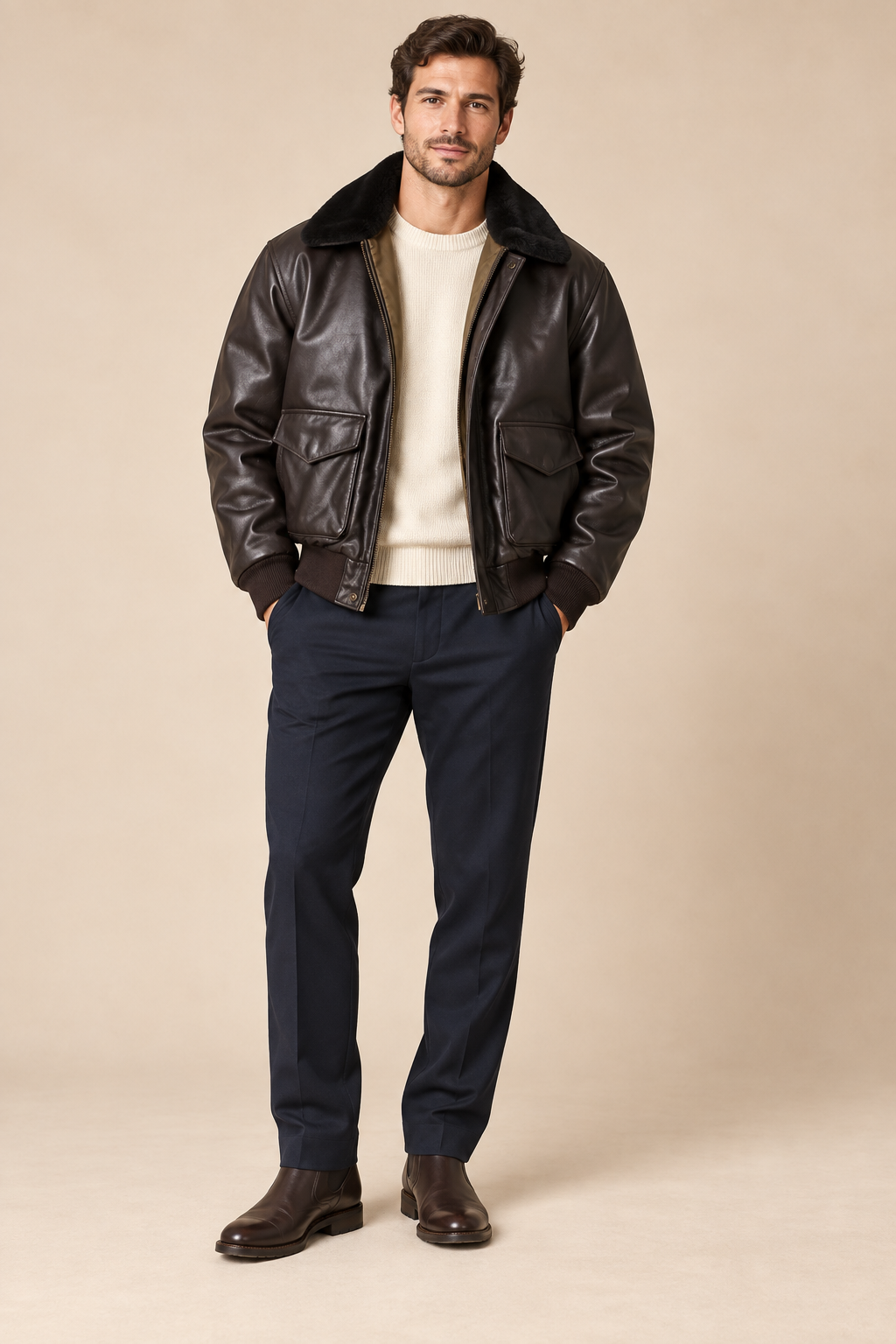 Men’s Faux-Leather Aviator Bomber Jacket with Contrast Collar