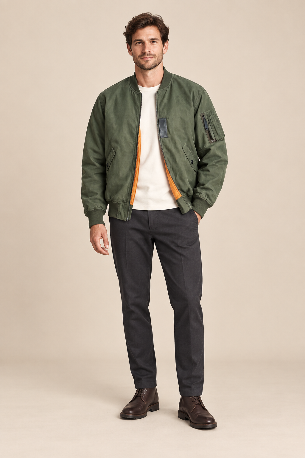 Men’s Cotton MA-1 Zip-Up Bomber Jacket with Sleeve Pocket
