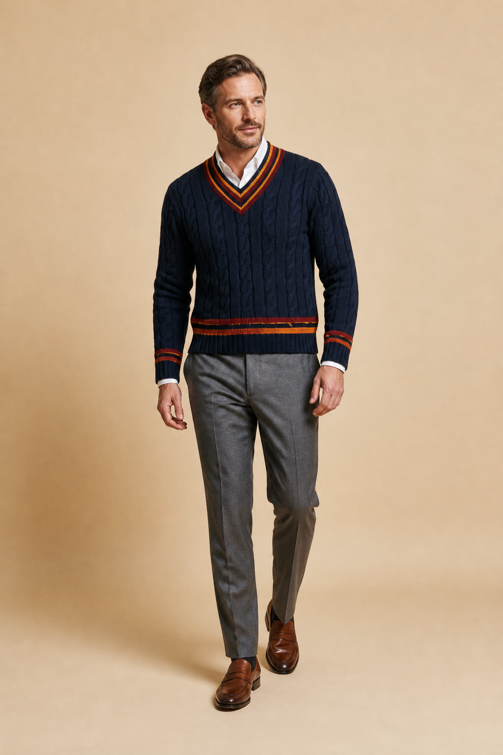 Men's Cable Knit V Neck Jumper with Contrast Trim
