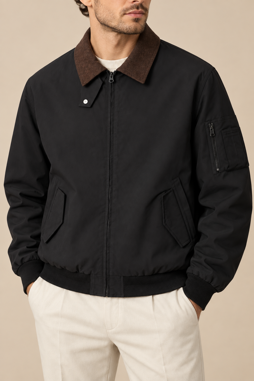 Men’s Zip-Up Harrington Jacket with Contrast Collar