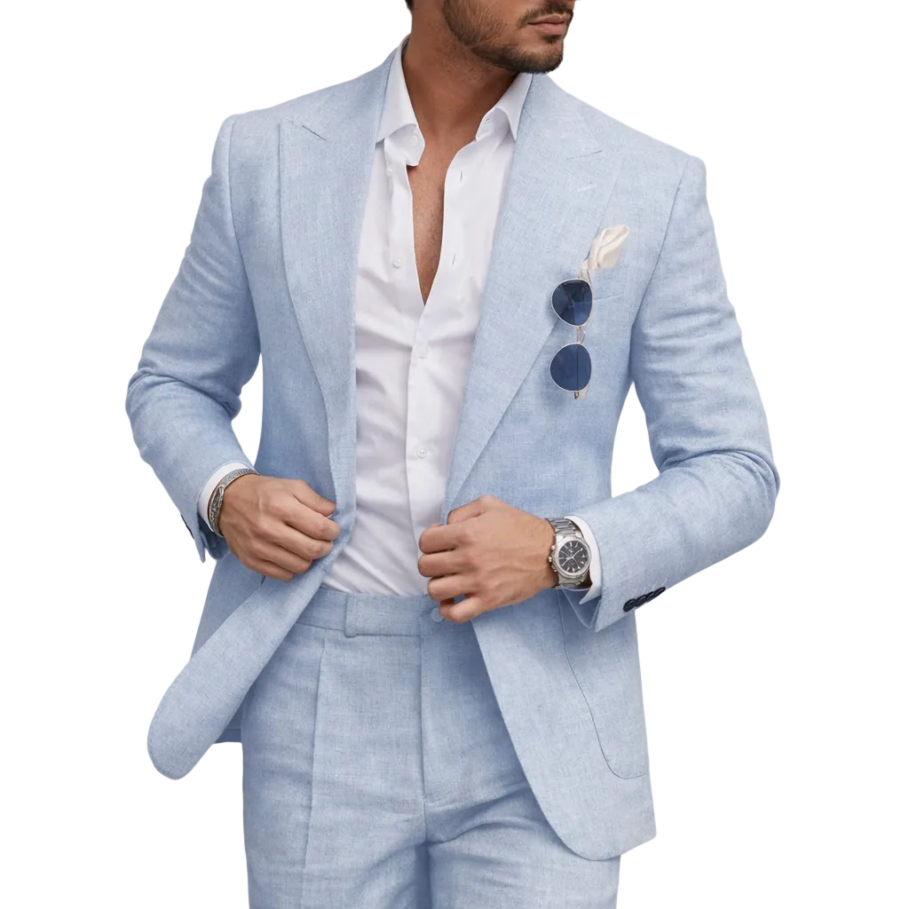 A light and breathable outfit for weddings and the beach – a two-piece linen suit for men