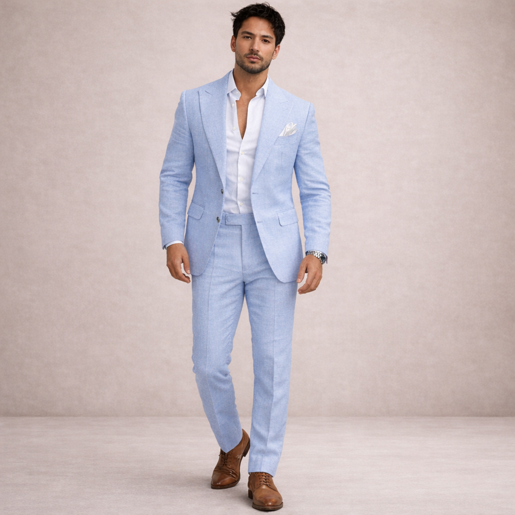A light and breathable outfit for weddings and the beach – a two-piece linen suit for men