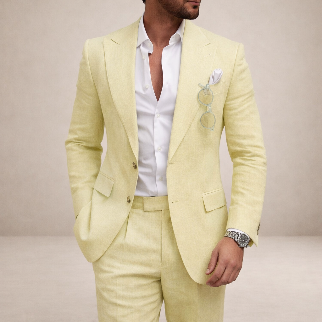 A light and breathable outfit for weddings and the beach – a two-piece linen suit for men