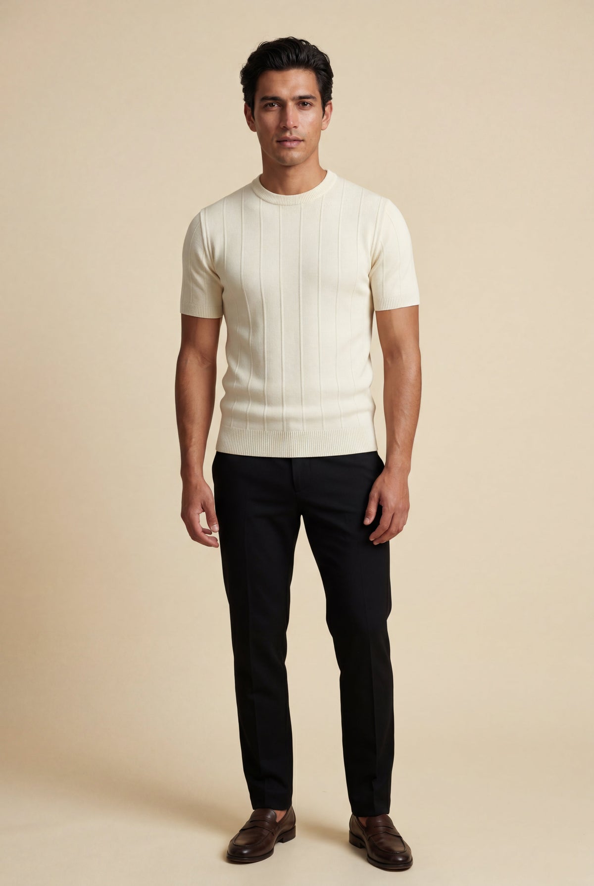 Men's Knitted T-Shirt with Crew Neck and Textured Finish