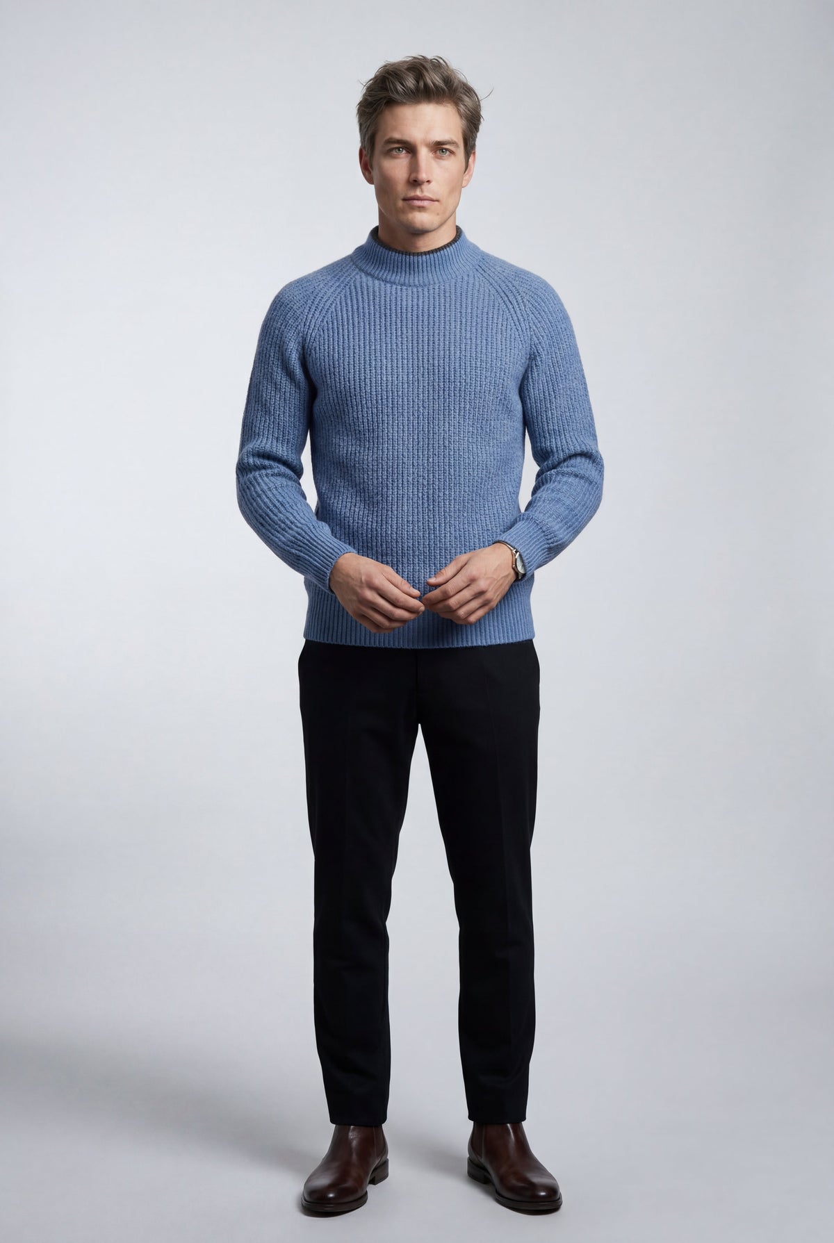 Men's Chunky Knit Crew Neck Jumper with Ribbed Texture