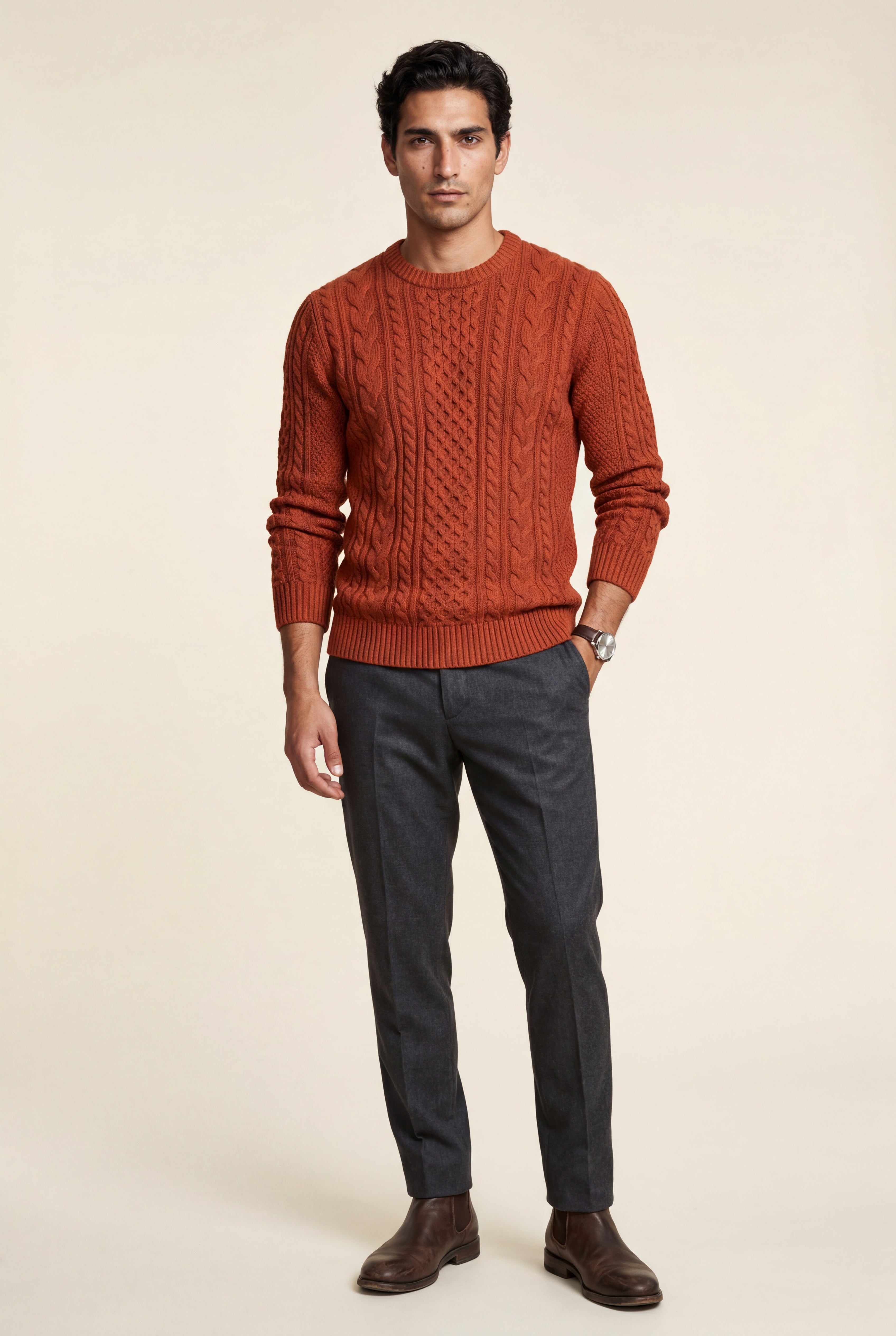 A chunky cable-knit jumper for cold days – Men’s round-neck jumper
