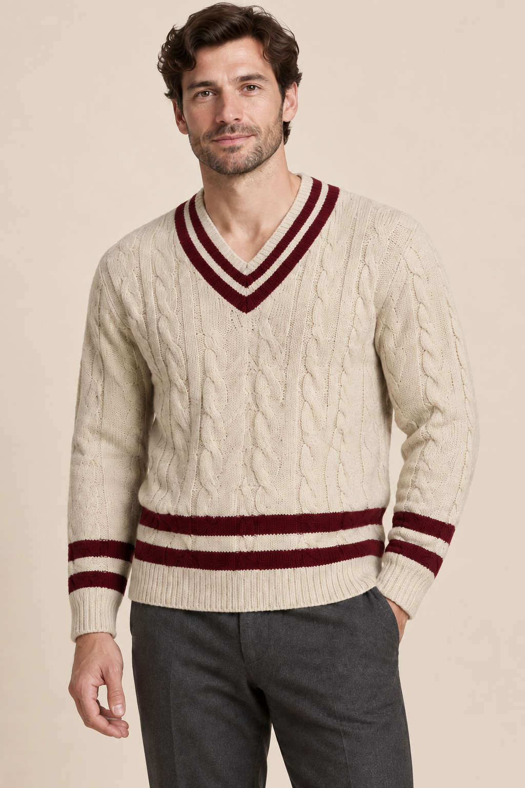 Men's Cable Knit V Neck Jumper with Contrast Trim