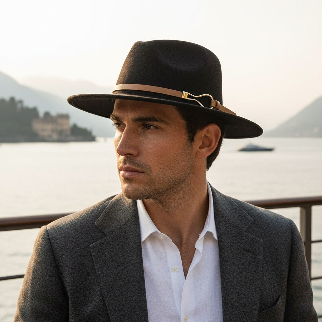 Men’s Wide-Brim Felt Fedora Hat with Contrast Band