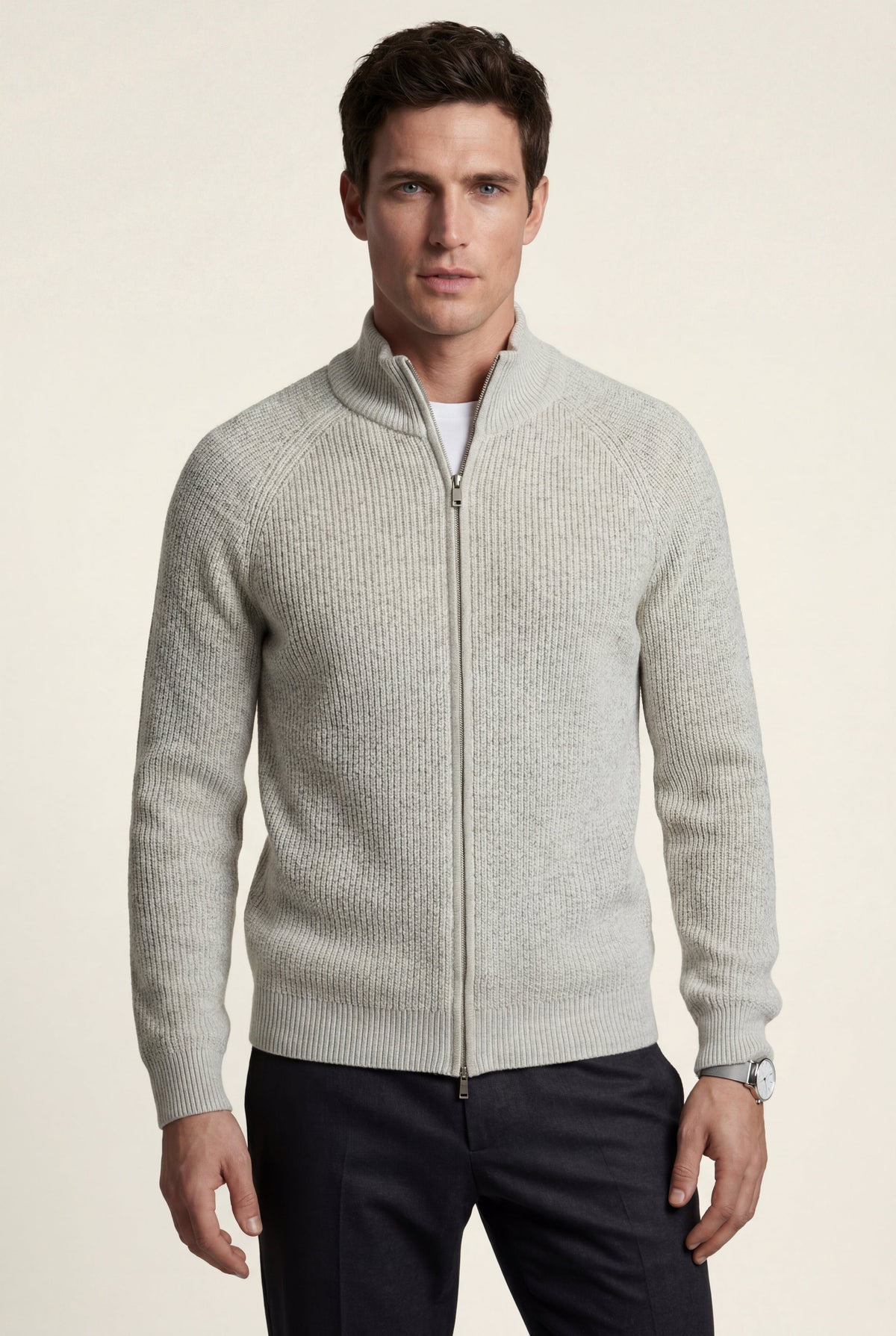 Men's Ribbed Knit Zip Up Cardigan