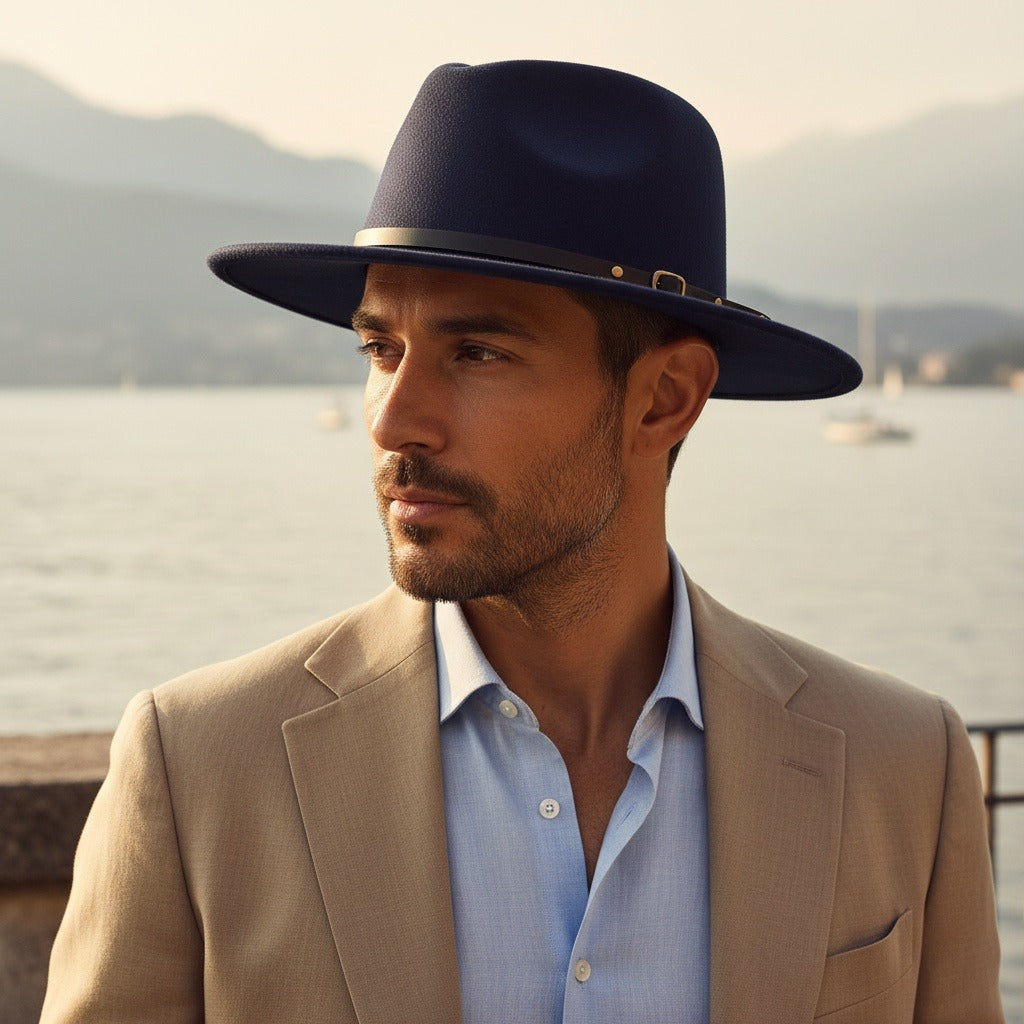 Men’s Felt Fedora Hat with Wide Brim and Buckle Band