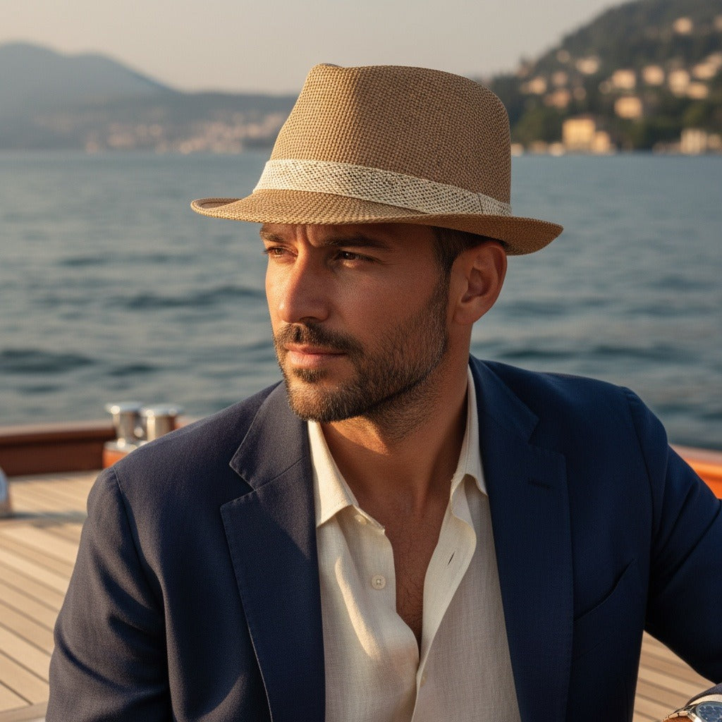Men’s Woven Straw Fedora Hat with Contrast Band