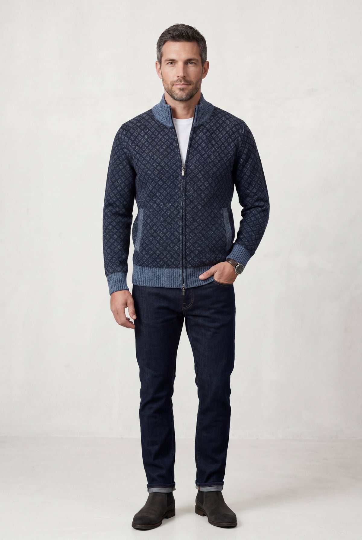 Men's Zip Up Cardigan with Diamond Knit Pattern