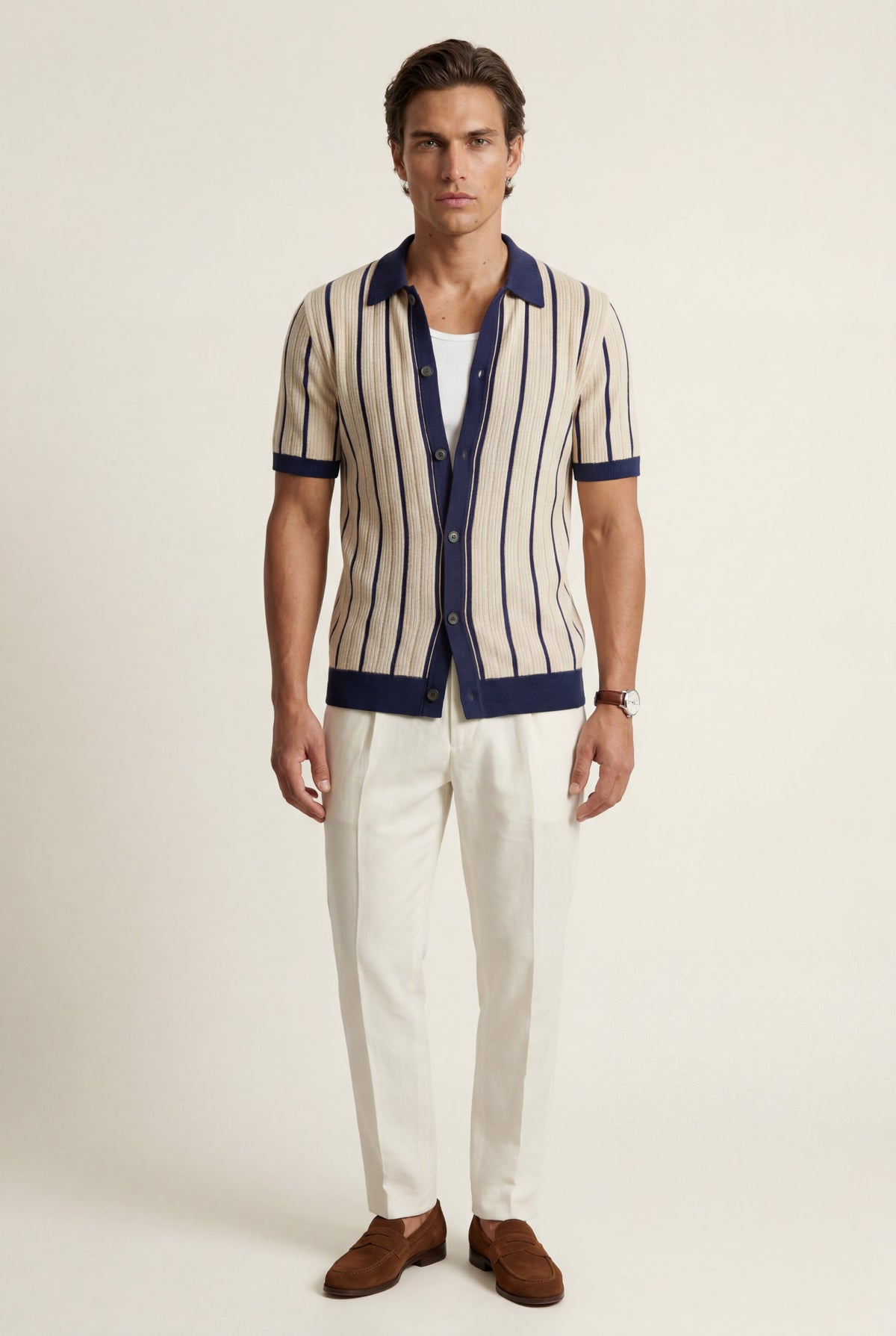 Men's Striped Knitted Shirt with Short Sleeves and Contrast Collar