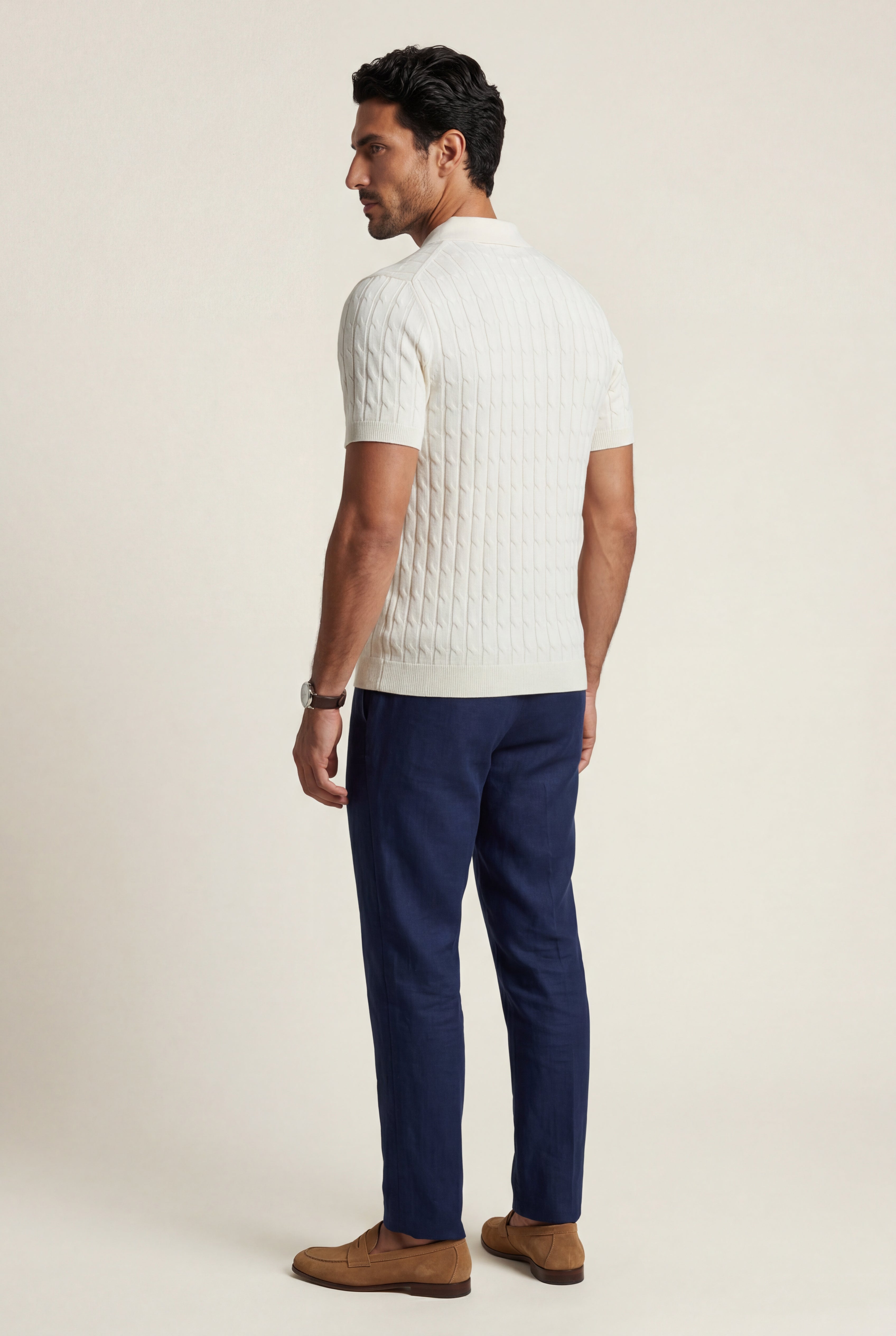 Evorlan – Ivory Cable-Knit Short-Sleeve Polo Shirt