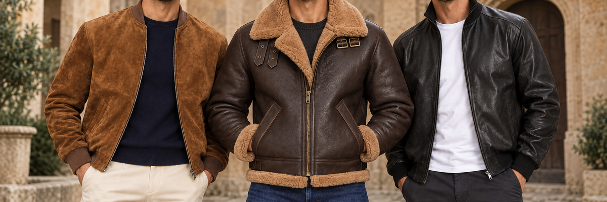 Three men wearing cognac suede, brown shearling and black leather jackets