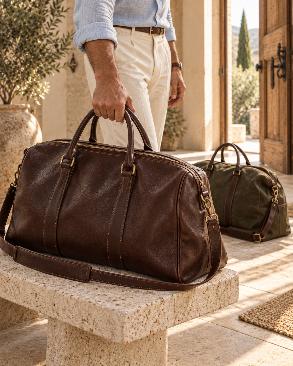 Kingsley black duffle bag on a warm neutral studio background