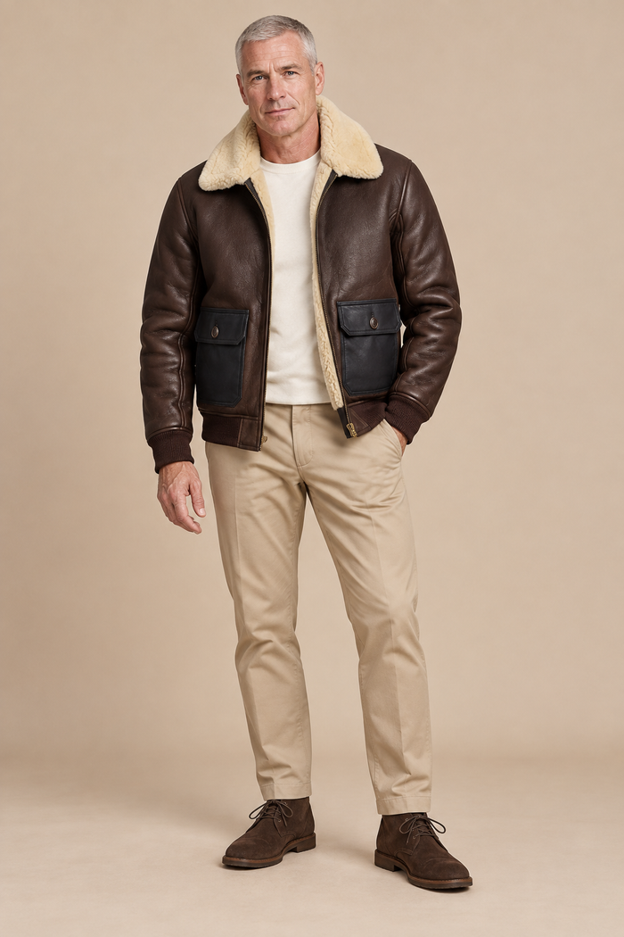 Men’s Genuine Sheepskin Shearling Moto Jacket with Turn-Down Collar
