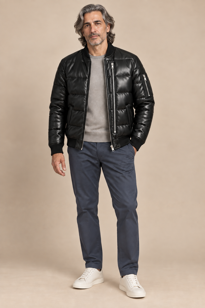 Men’s Genuine Sheepskin Leather Puffer Jacket with 90% White Duck Down