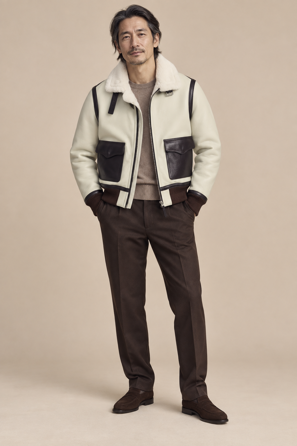 Men’s Sheepskin Shearling Aviator Jacket with Contrast Leather Trim