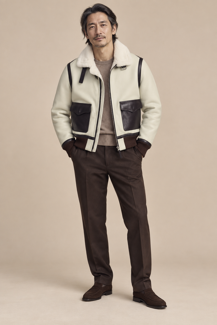 Men’s Sheepskin Shearling Aviator Jacket with Contrast Leather Trim