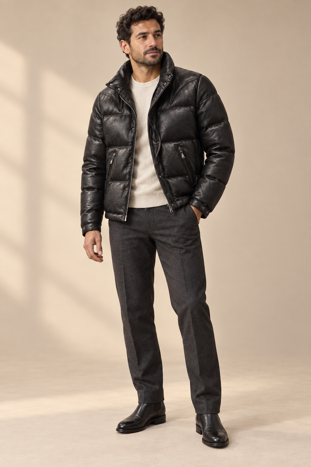 Men’s Genuine Sheepskin Leather Quilted Down Moto Jacket