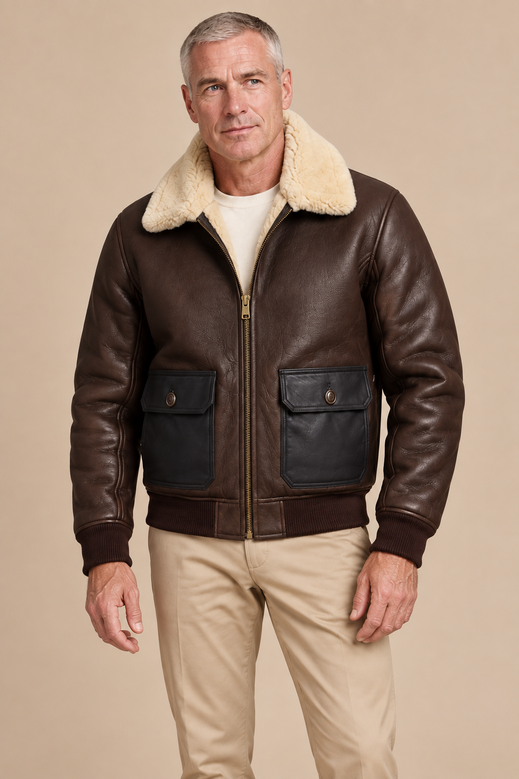 Men’s Genuine Sheepskin Shearling Moto Jacket with Turn-Down Collar