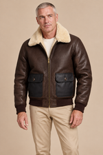 Men’s Genuine Sheepskin Shearling Moto Jacket with Turn-Down Collar