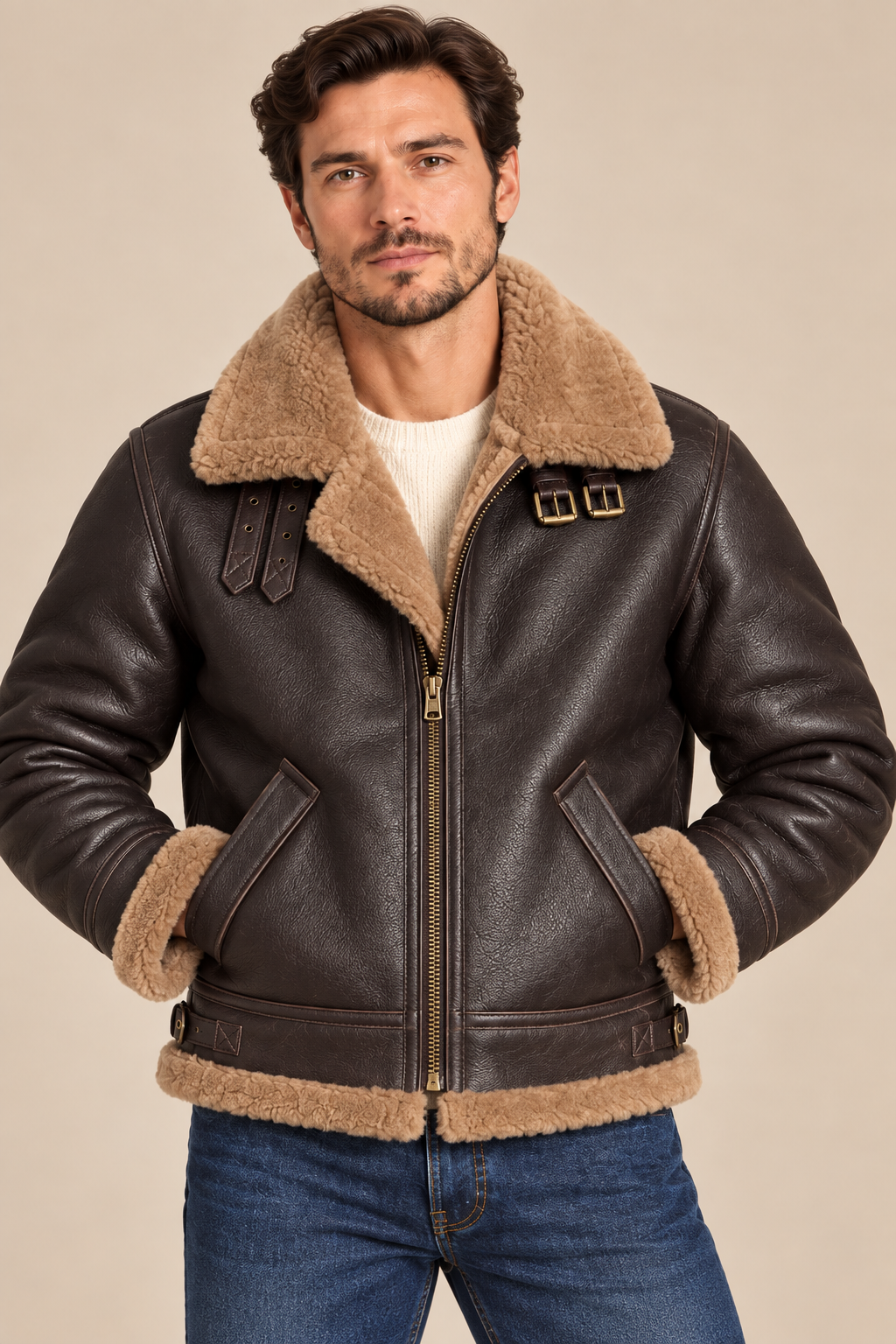 Men’s Genuine Sheepskin Shearling Moto Jacket with Wool Lining