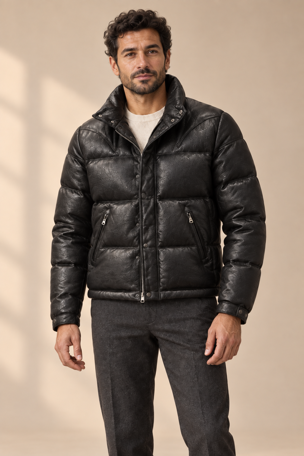 Men’s Genuine Sheepskin Leather Quilted Down Moto Jacket