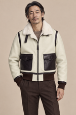 Men’s Sheepskin Shearling Aviator Jacket with Contrast Leather Trim