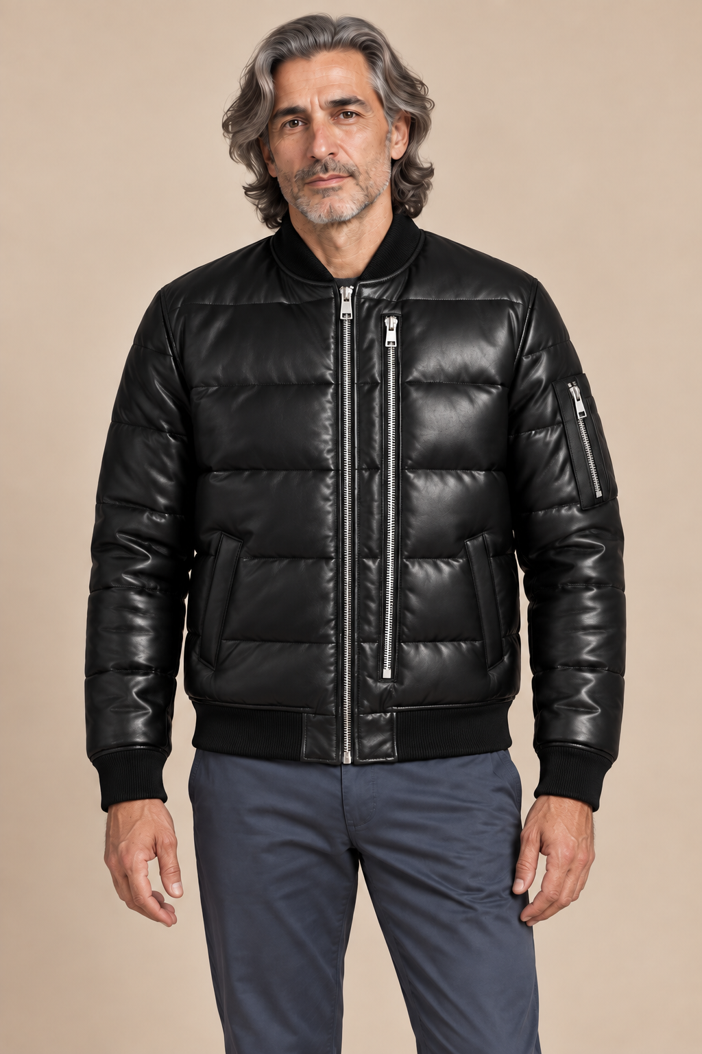 Men’s Genuine Sheepskin Leather Puffer Jacket with 90% White Duck Down