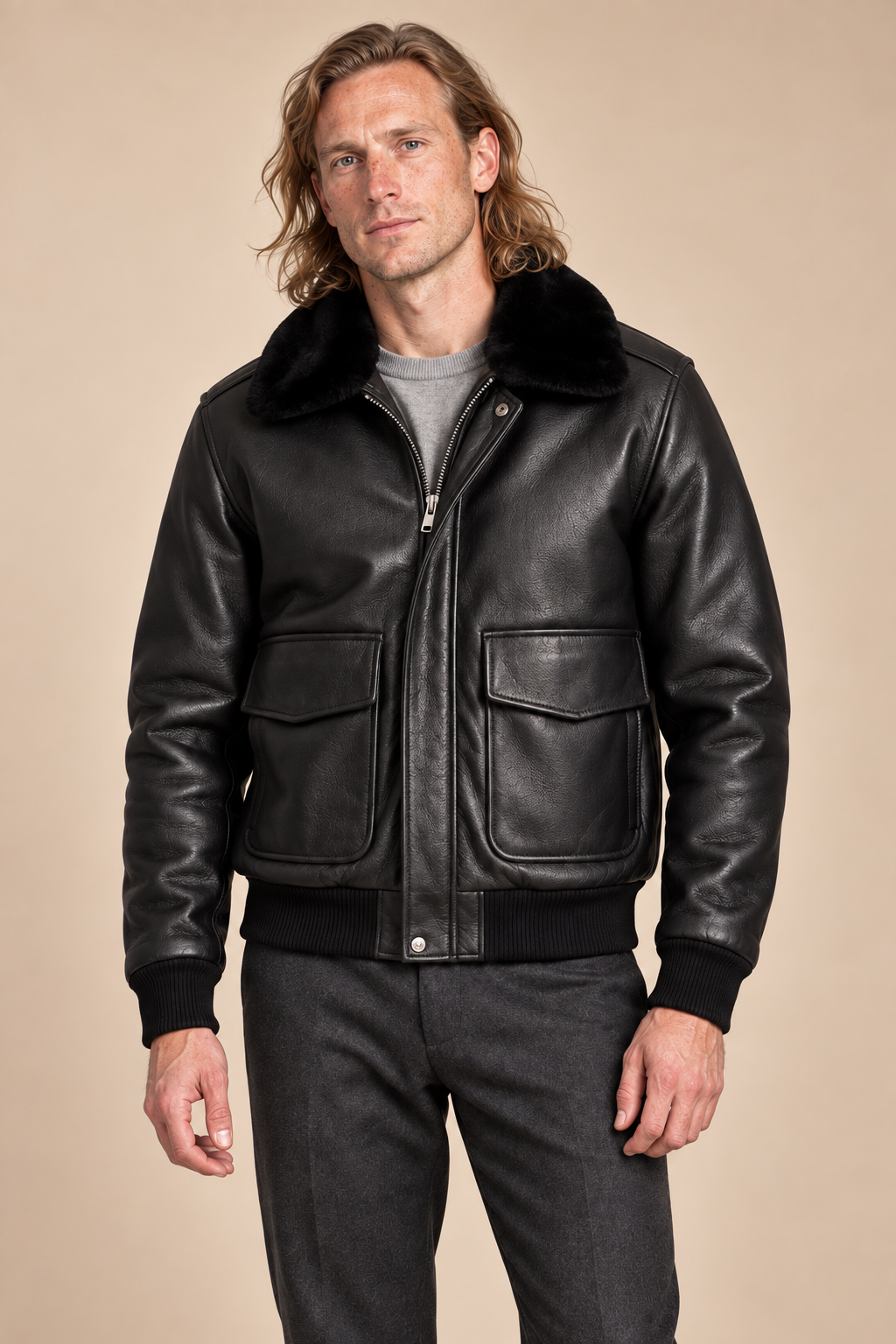 Men’s Genuine Cowhide Leather Aviator Jacket with Fur Collar