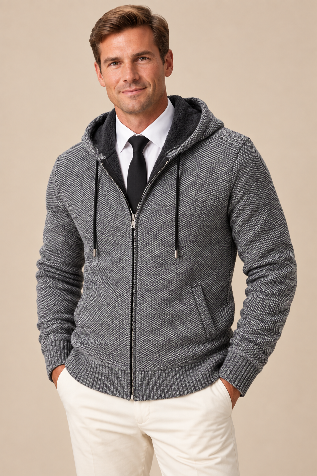 Men’s Hooded Knit Zip-Up Cardigan with Front Pockets