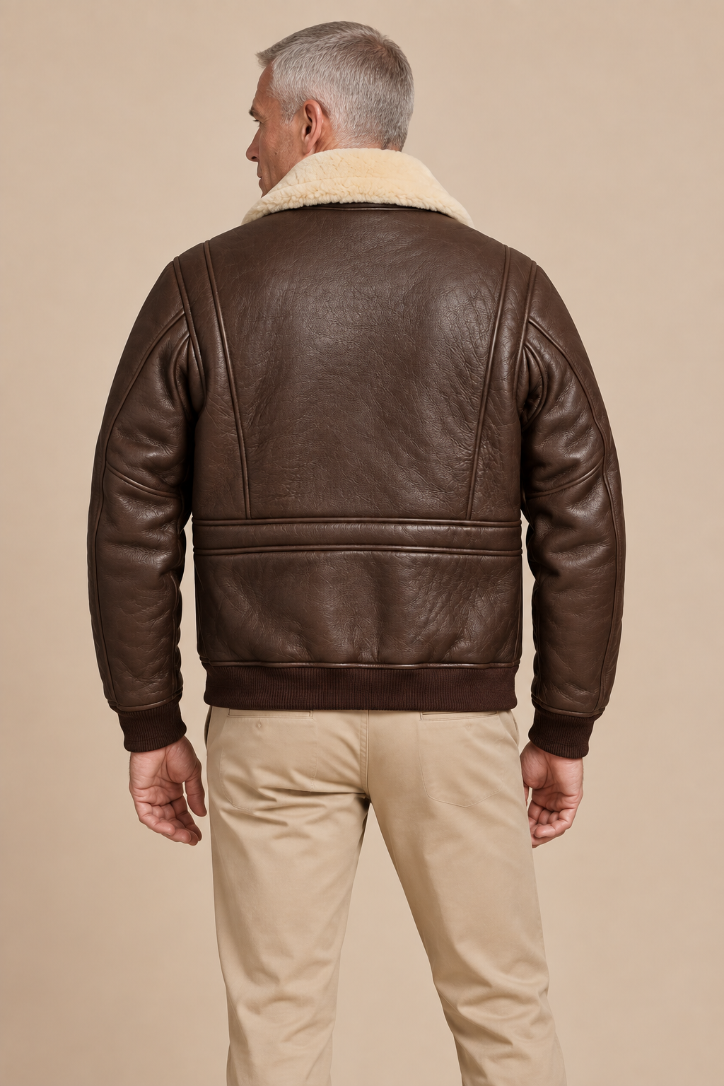 Men’s Genuine Sheepskin Shearling Moto Jacket with Turn-Down Collar