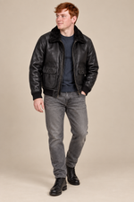 Men’s Genuine Sheepskin Shearling Moto Jacket with Turn-Down Collar